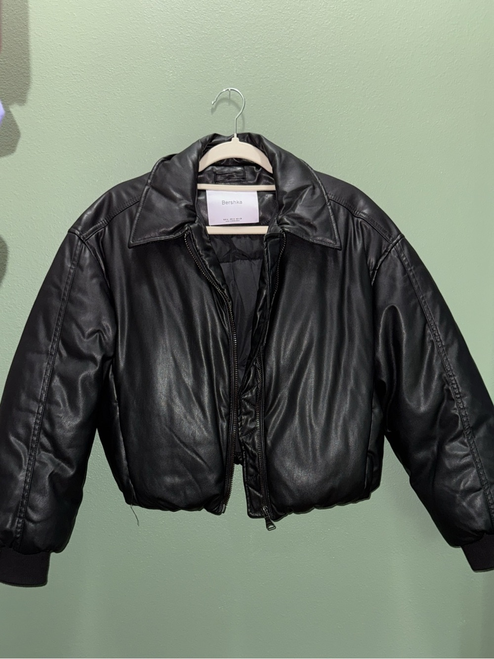 Bershka Cropped Faux Leather Black Puffer Jacket